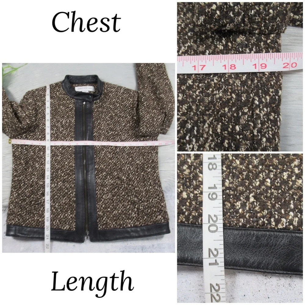 JONES NEW YORK Brown Vintage Leather & Tweed Zip Front Jacket Women’s Size 8